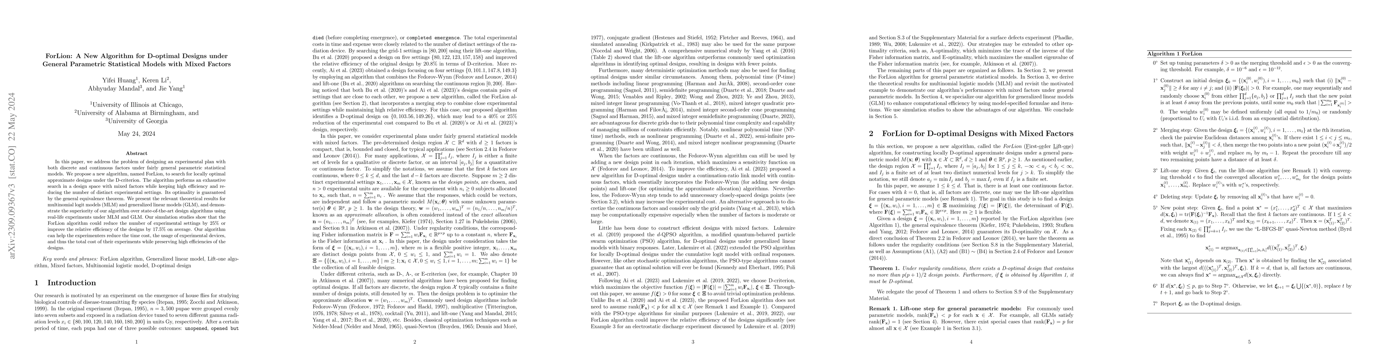 Thumbnail for ForLion: A New Algorithm for D-optimal Designs under General Parametric
  Statistical Models with Mixed Factors