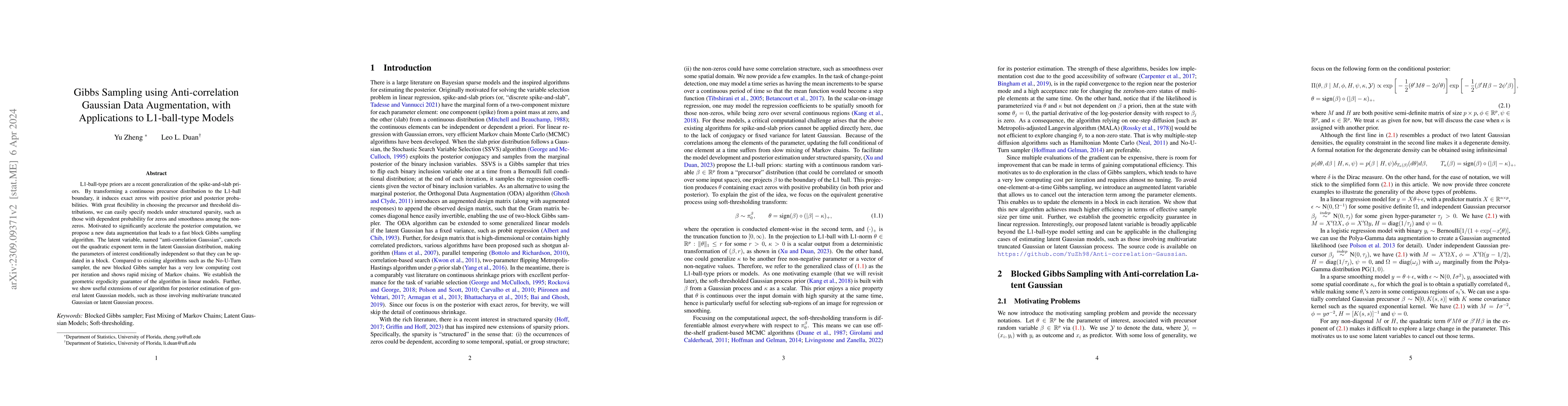 Thumbnail for Gibbs Sampling using Anti-correlation Gaussian Data Augmentation, with
  Applications to L1-ball-type Models