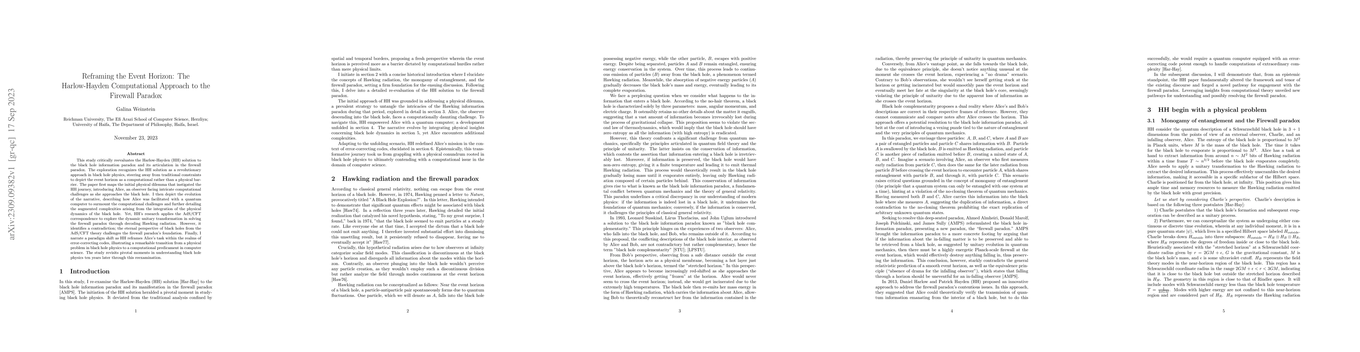 Thumbnail for Reframing the Event Horizon: The Harlow-Hayden Computational Approach to
  the Firewall Paradox