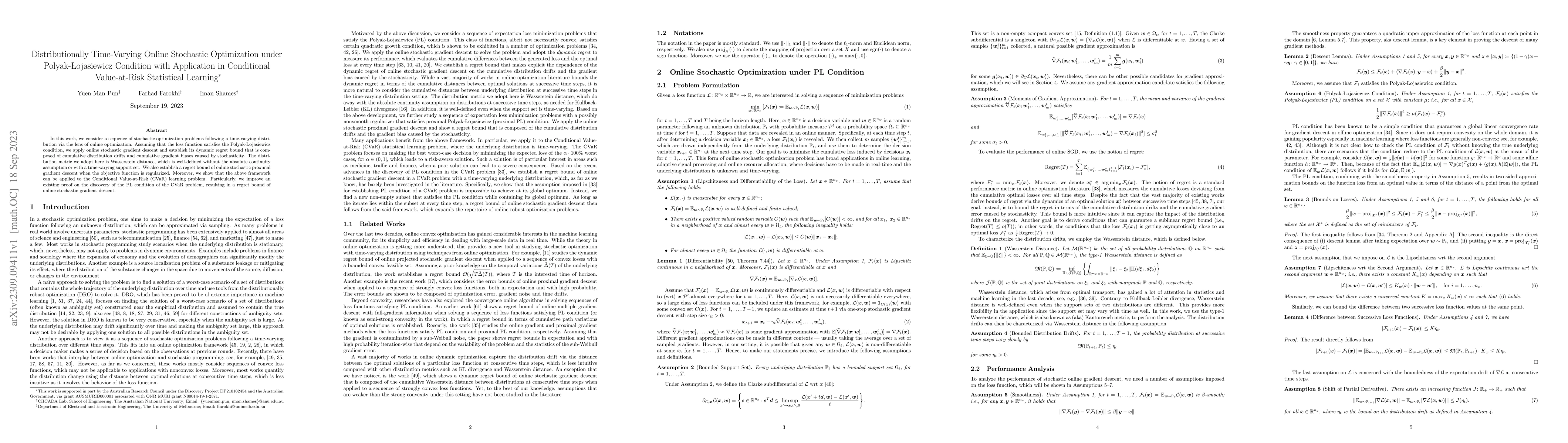 Thumbnail for Distributionally Time-Varying Online Stochastic Optimization under
  Polyak-{\L}ojasiewicz Condition with Application in Conditional Value-at-Risk
  Statistical Learning