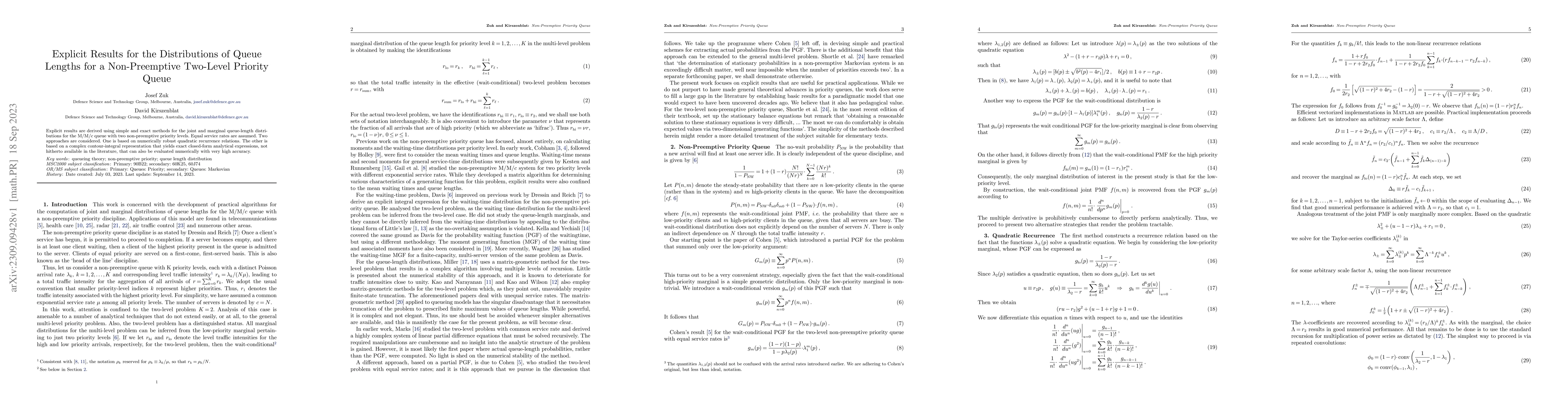 Thumbnail for Explicit Results for the Distributions of Queue Lengths for a
  Non-Preemptive Two-Level Priority Queue