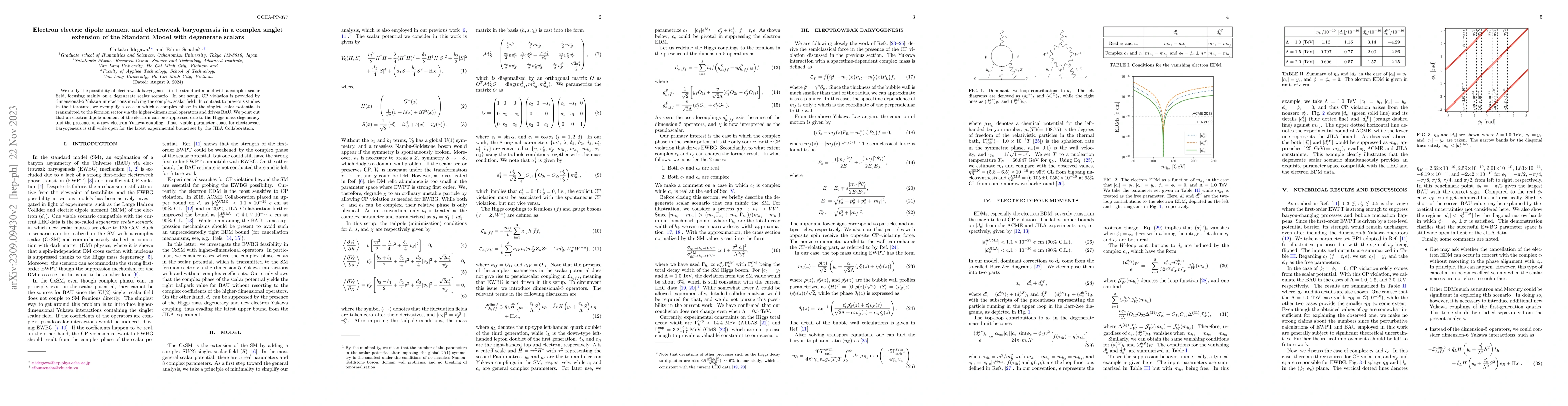 Thumbnail for Electron electric dipole moment and electroweak baryogenesis in a
  complex singlet extension of the Standard Model with degenerate scalars