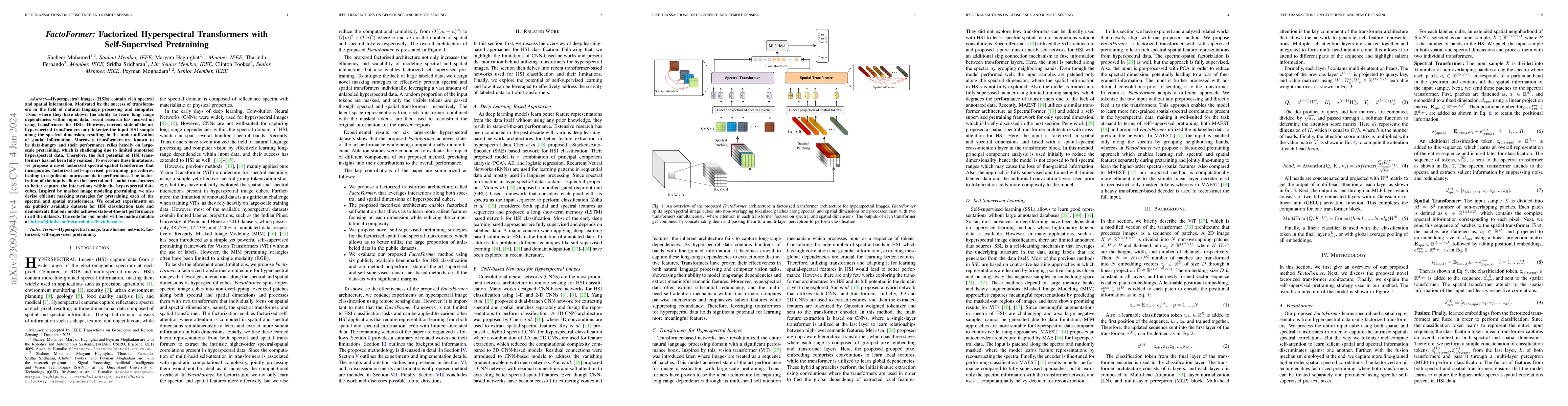 Thumbnail for FactoFormer: Factorized Hyperspectral Transformers with Self-Supervised
  Pretraining