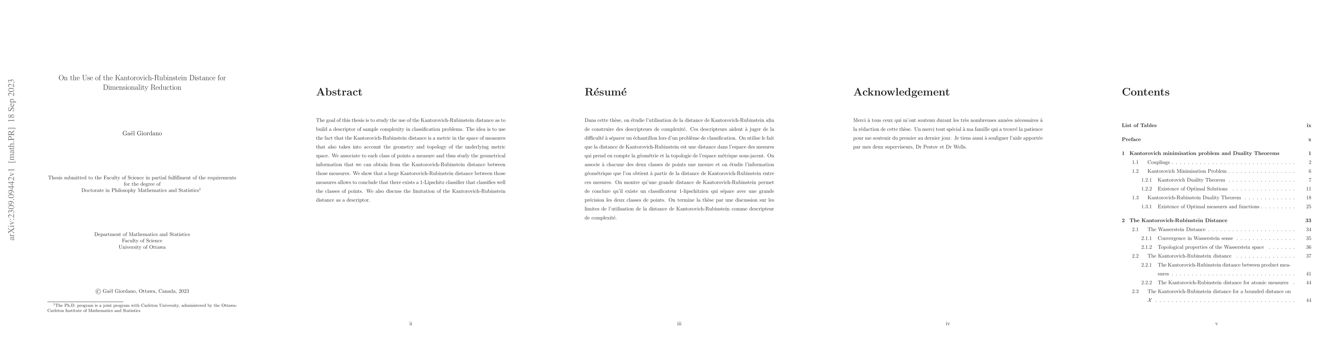Thumbnail for On the Use of the Kantorovich-Rubinstein Distance for Dimensionality
  Reduction