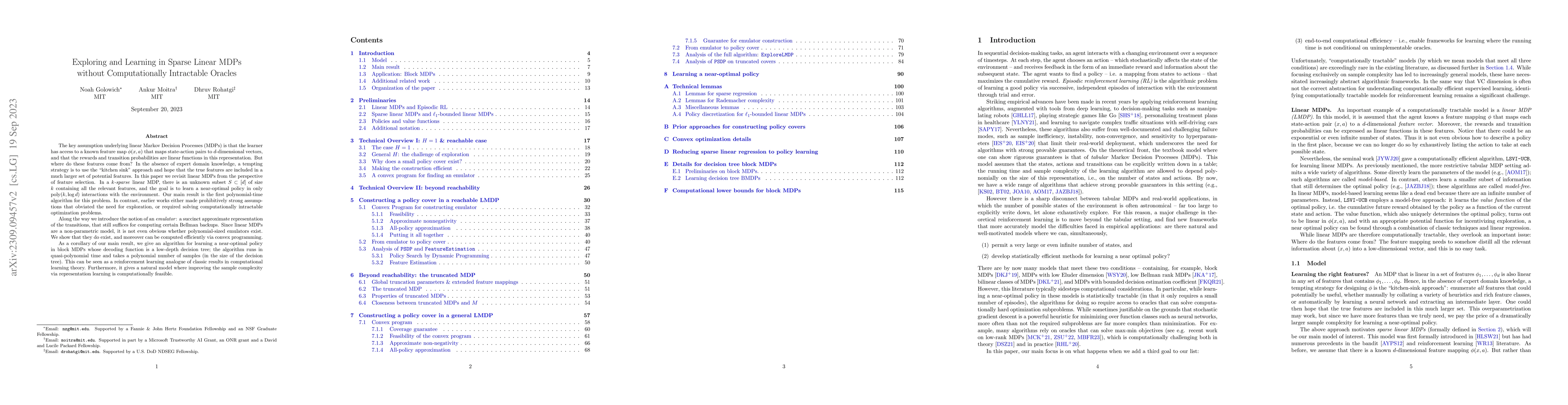 Thumbnail for Exploring and Learning in Sparse Linear MDPs without Computationally
  Intractable Oracles