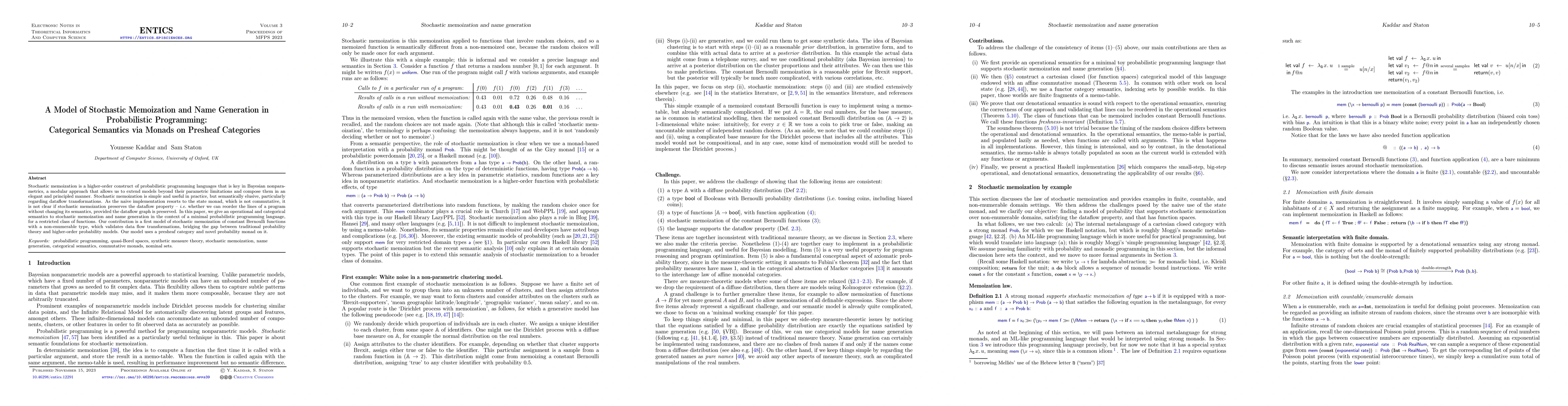 Thumbnail for A model of stochastic memoization and name generation in probabilistic
  programming: categorical semantics via monads on presheaf categories