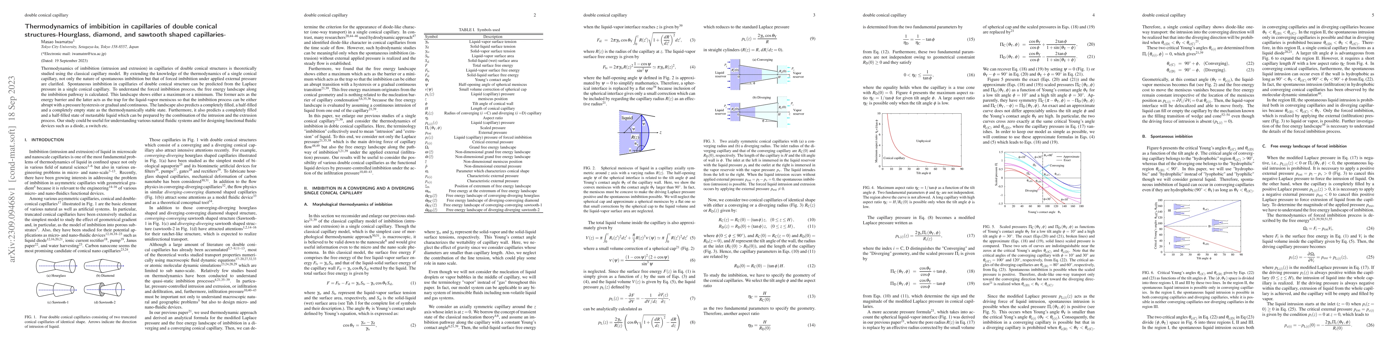 Thumbnail for Thermodynamics of imbibition in capillaries of double conical
  structures-Hourglass, diamond, and sawtooth shaped capillaries-
