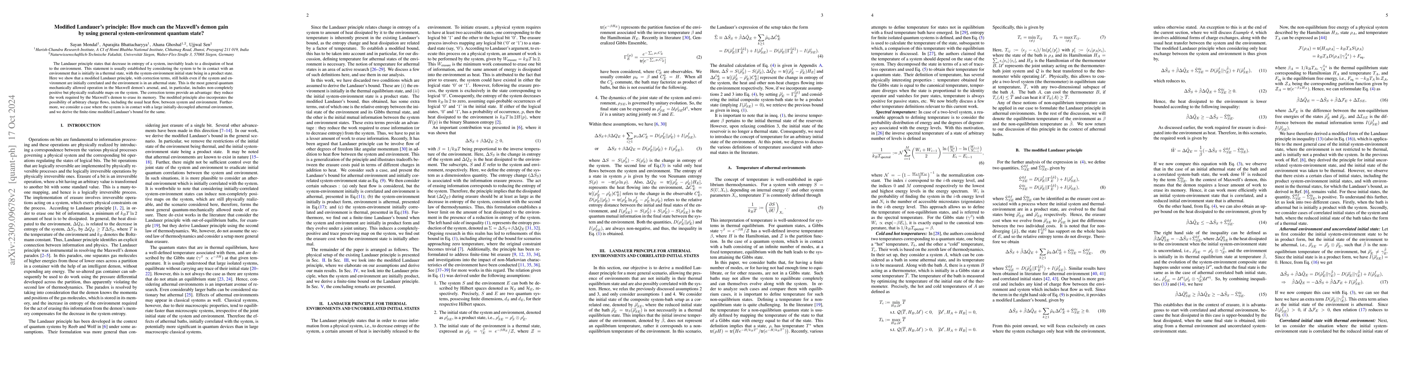 Thumbnail for Modified Landauer's principle: How much can the Maxwell's demon gain by
  using general system-environment quantum state?