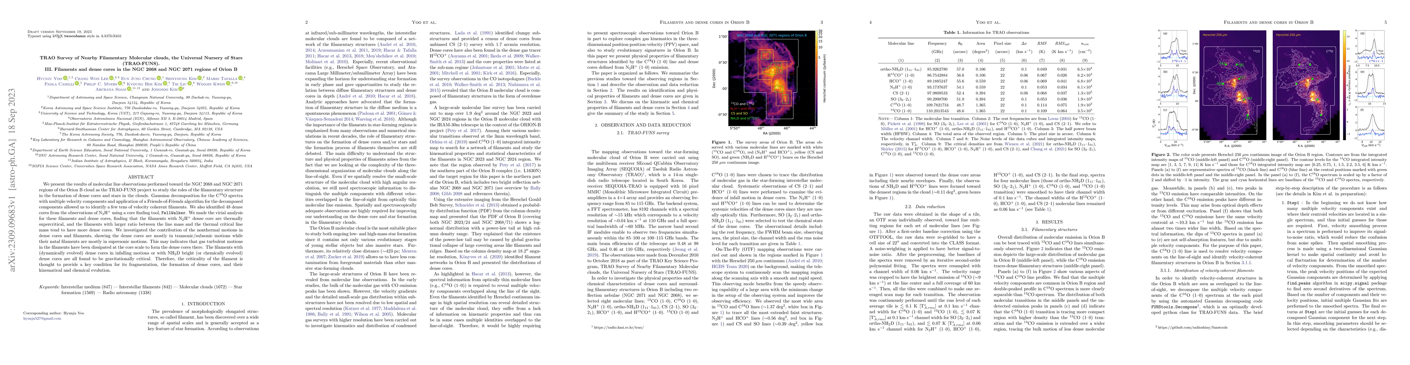Thumbnail for TRAO Survey of Nearby Filamentary Molecular clouds, the Universal
  Nursery of Stars (TRAO-FUNS). III. Filaments and dense cores in the NGC 2068
  and NGC 2071 regions of Orion B