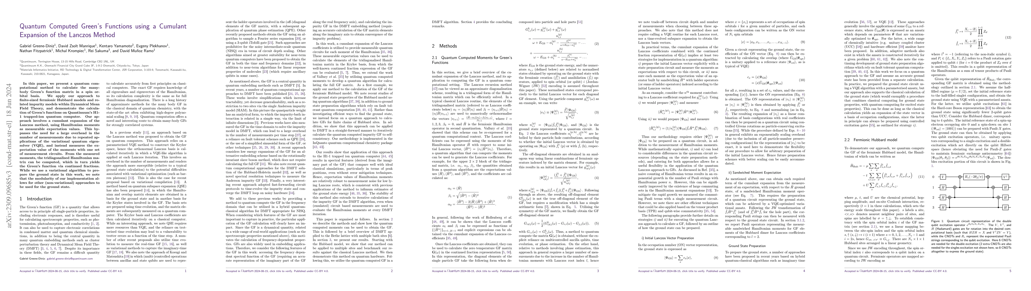 Thumbnail for Quantum Computed Green's Functions using a Cumulant Expansion of the
  Lanczos Method