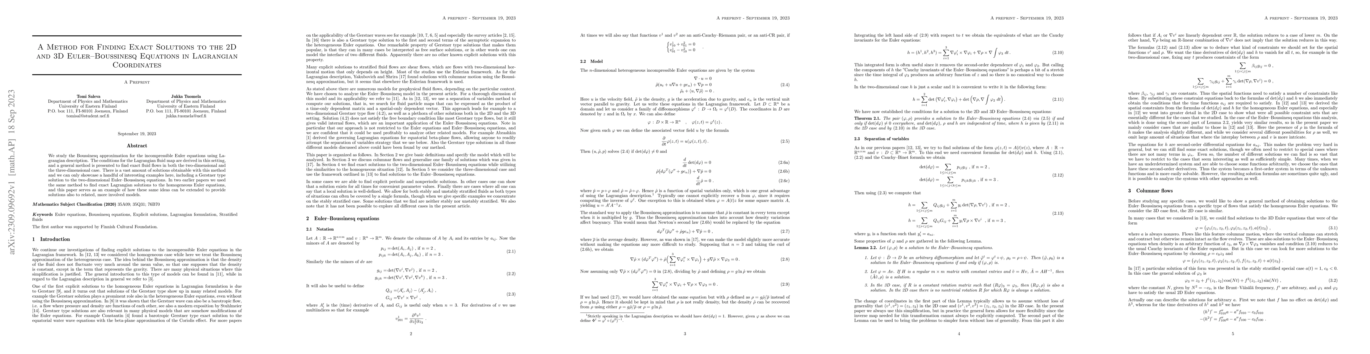 Thumbnail for A Method for Finding Exact Solutions to the 2D and 3D Euler-Boussinesq
  Equations in Lagrangian Coordinates
