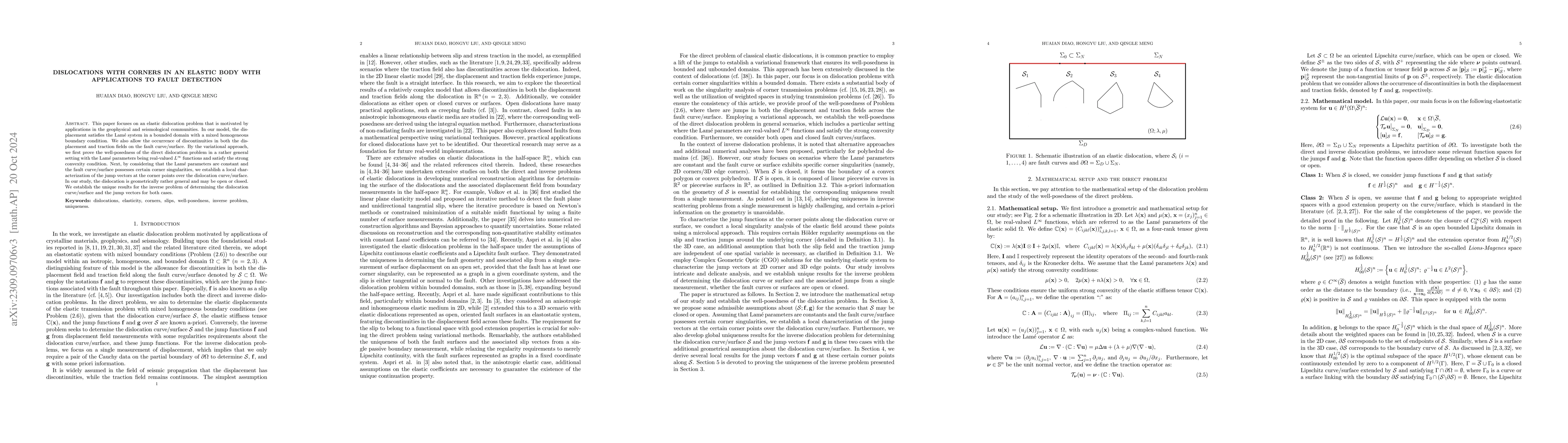 Thumbnail for Dislocations with corners in an elastic body with applications to fault
  detection