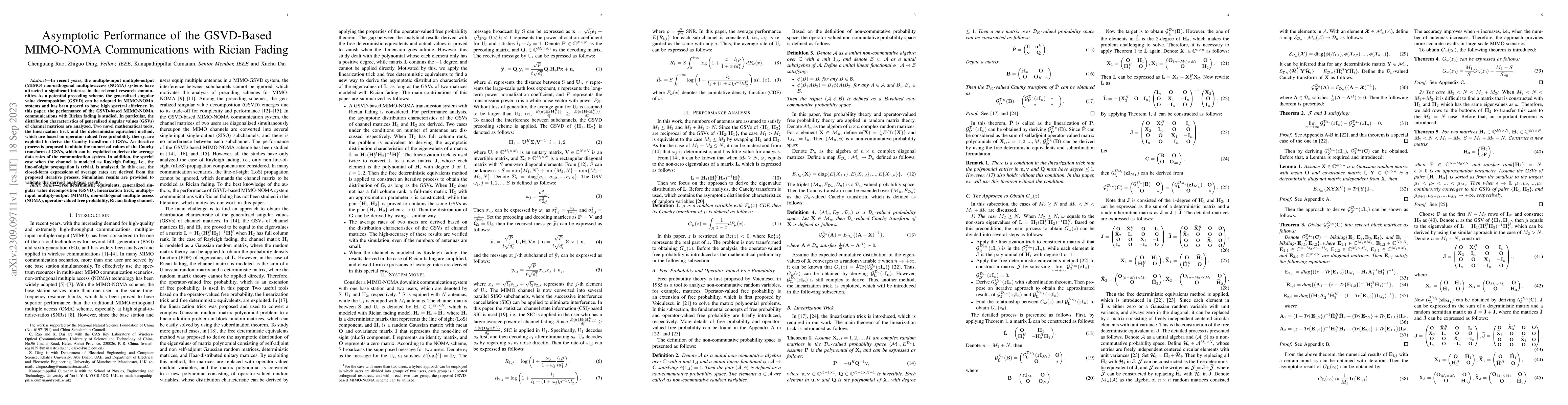 Thumbnail for Asymptotic Performance of the GSVD-Based MIMO-NOMA Communications with
  Rician Fading