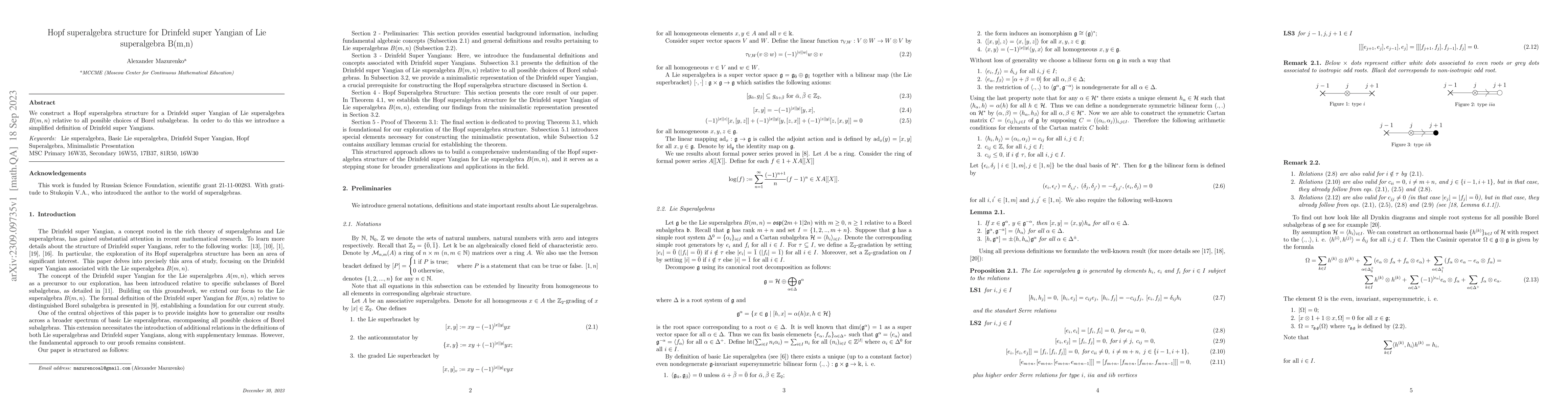 Thumbnail for Hopf superalgebra structure for Drinfeld super Yangian of Lie
  superalgebra $B(m,n)$