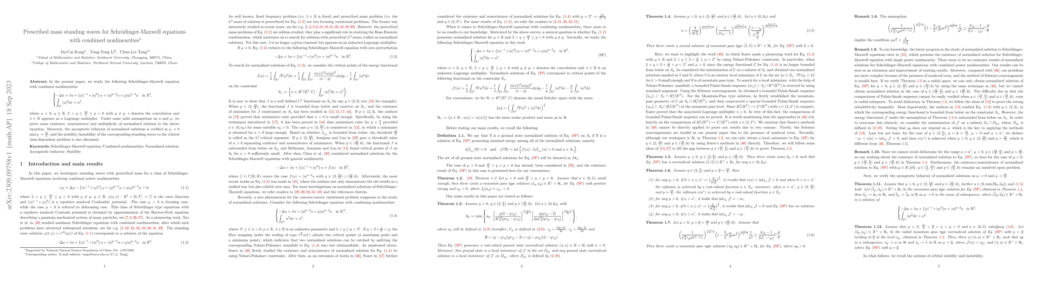Thumbnail for Prescribed mass standing waves for Schr\"{o}dinger-Maxwell equations
  with combined nonlinearities