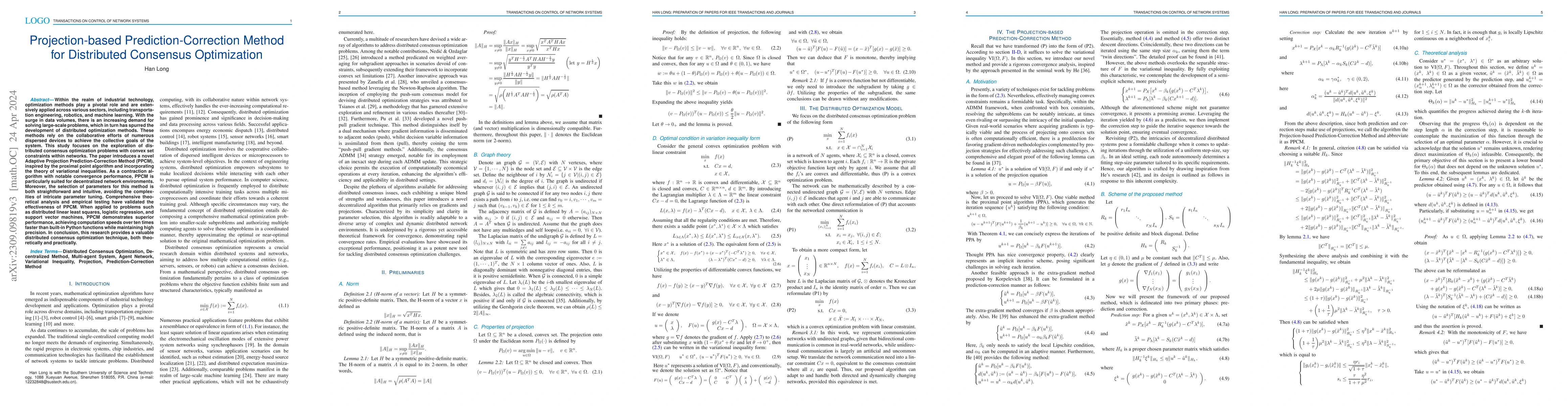 Thumbnail for Projection-based Prediction-Correction Method for Distributed Consensus
  Optimization