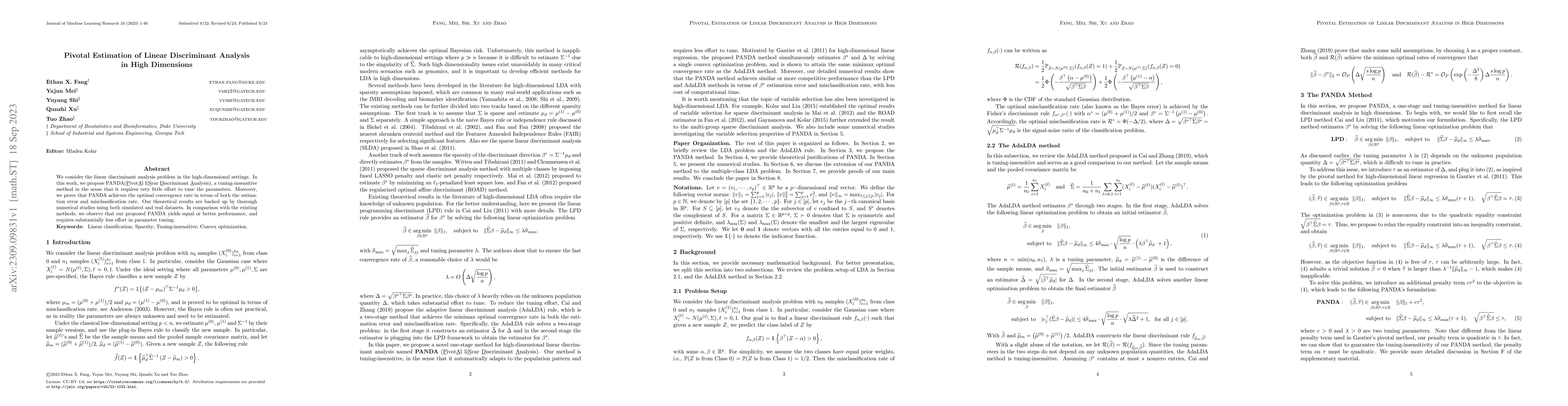 Thumbnail for Pivotal Estimation of Linear Discriminant Analysis in High Dimensions