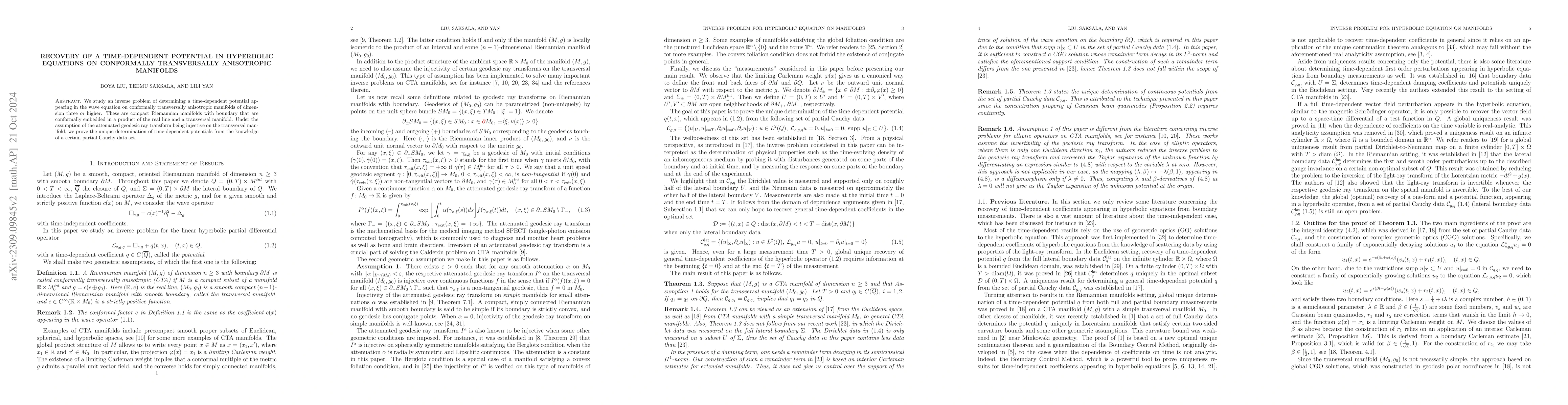 Thumbnail for Recovery of a time-dependent potential in hyperbolic equations on
  conformally transversally anisotropic manifolds