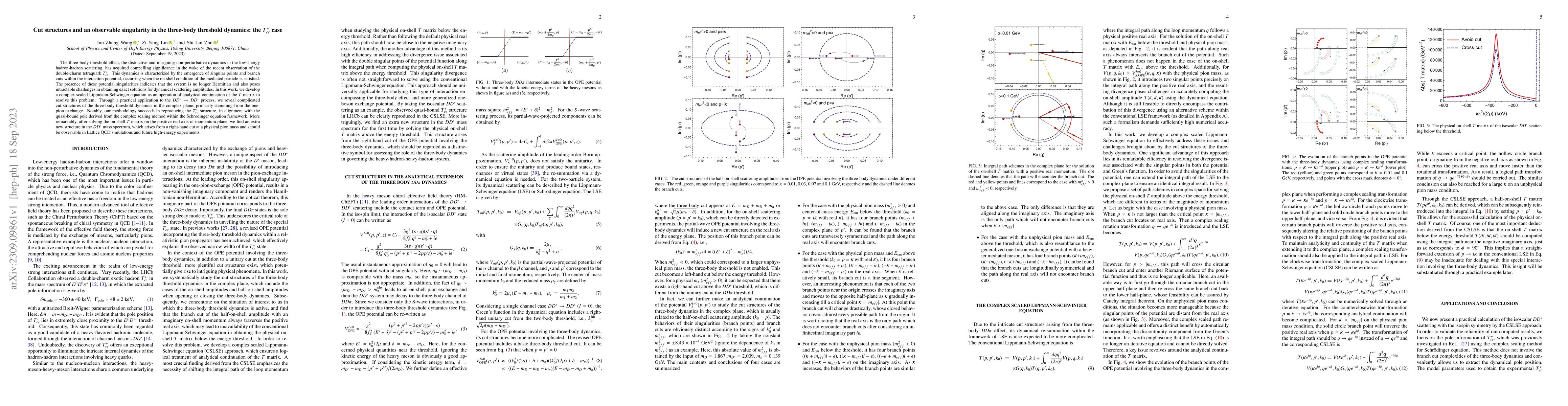 Thumbnail for Cut structures and an observable singularity in the three-body threshold
  dynamics: the $T_{cc}^+$ case