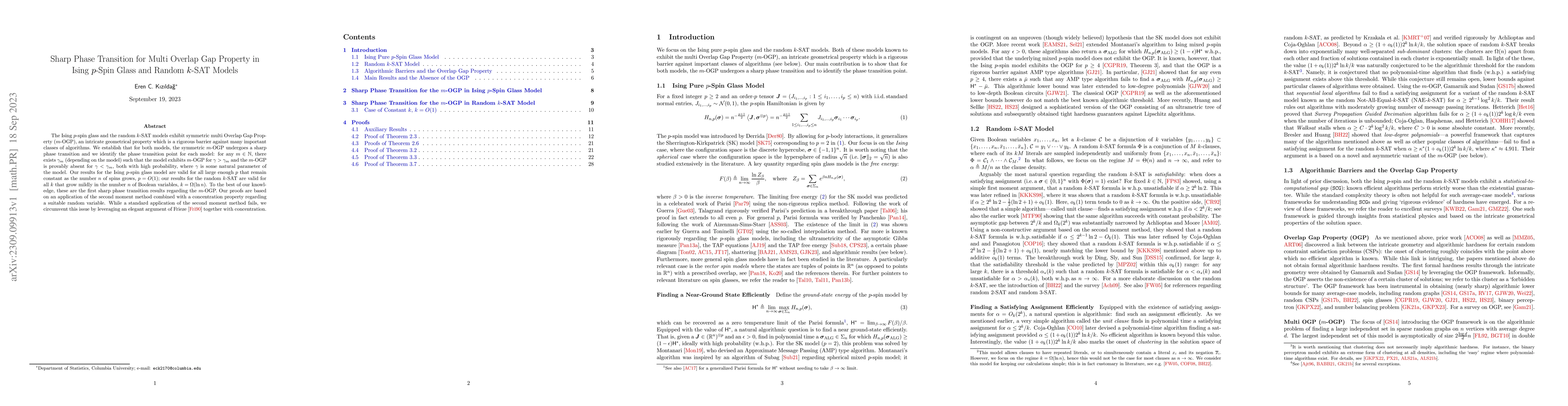 Thumbnail for Sharp Phase Transition for Multi Overlap Gap Property in Ising $p$-Spin
  Glass and Random $k$-SAT Models