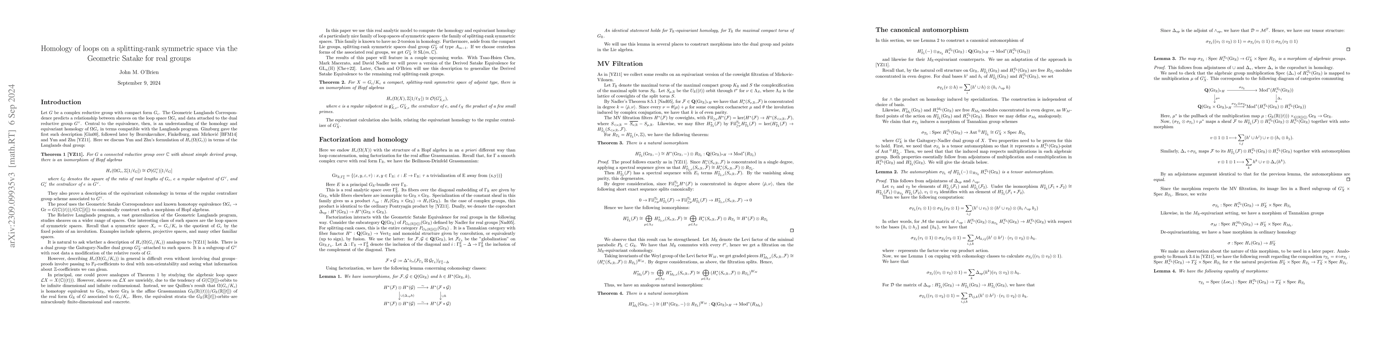 Thumbnail for Homology of loops on a splitting-rank symmetric space via the Geometric
  Satake for real groups