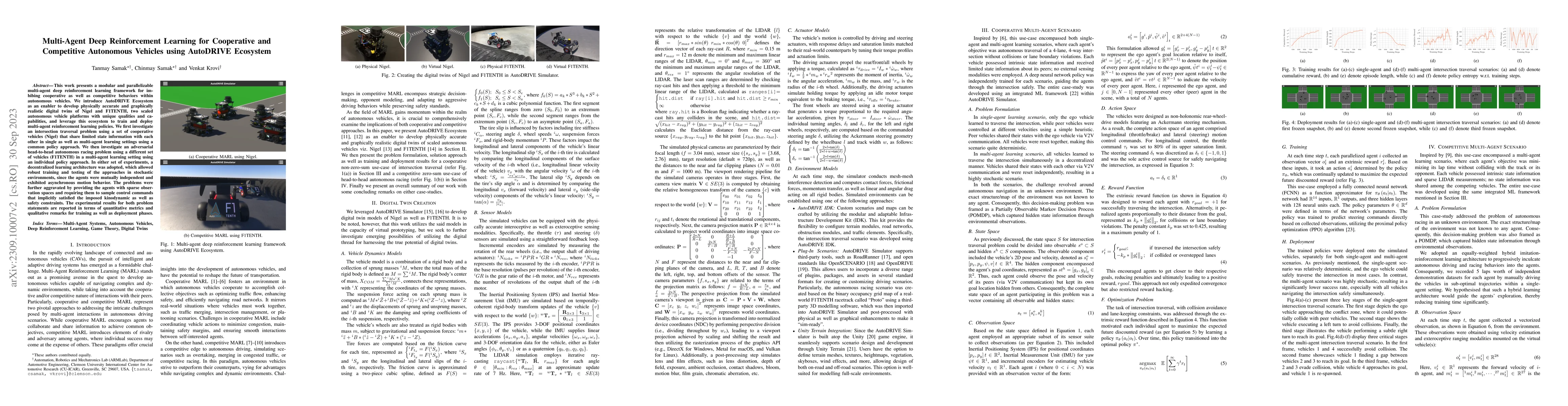 Thumbnail for Multi-Agent Deep Reinforcement Learning for Cooperative and Competitive
  Autonomous Vehicles using AutoDRIVE Ecosystem