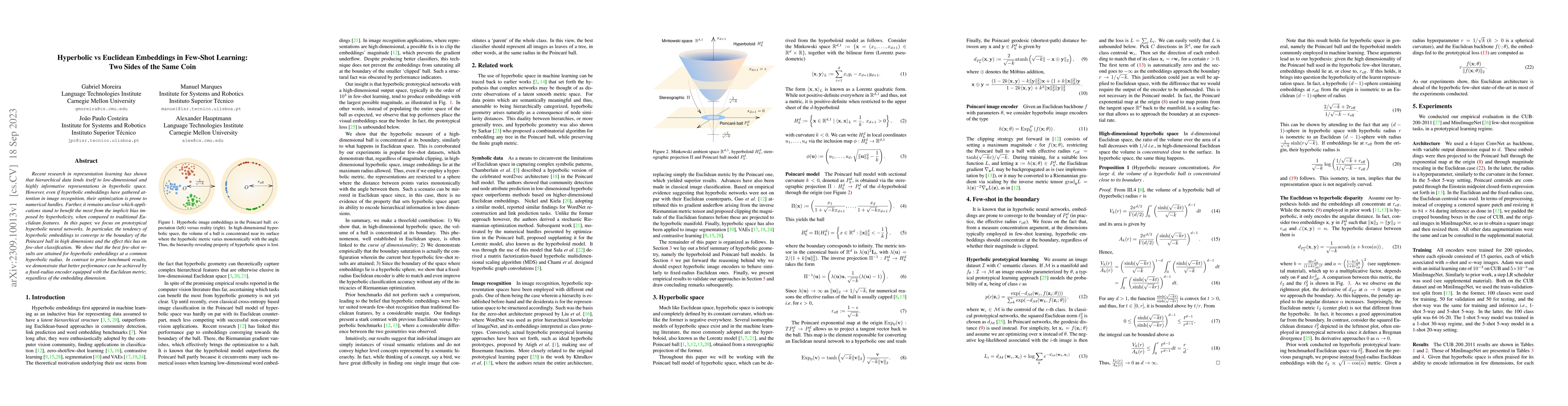 Thumbnail for Hyperbolic vs Euclidean Embeddings in Few-Shot Learning: Two Sides of
  the Same Coin