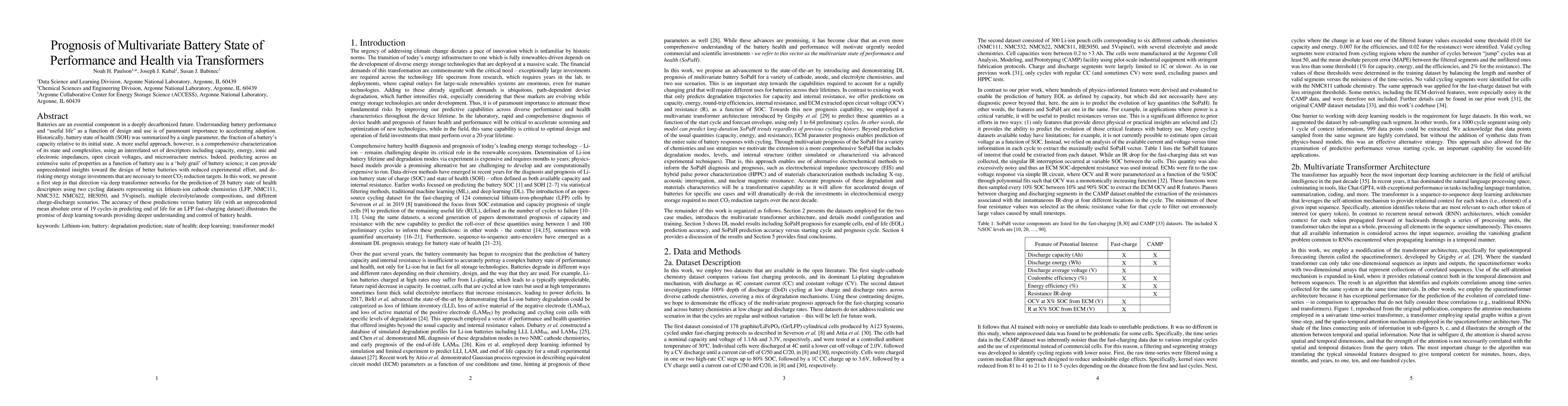 Thumbnail for Prognosis of Multivariate Battery State of Performance and Health via
  Transformers