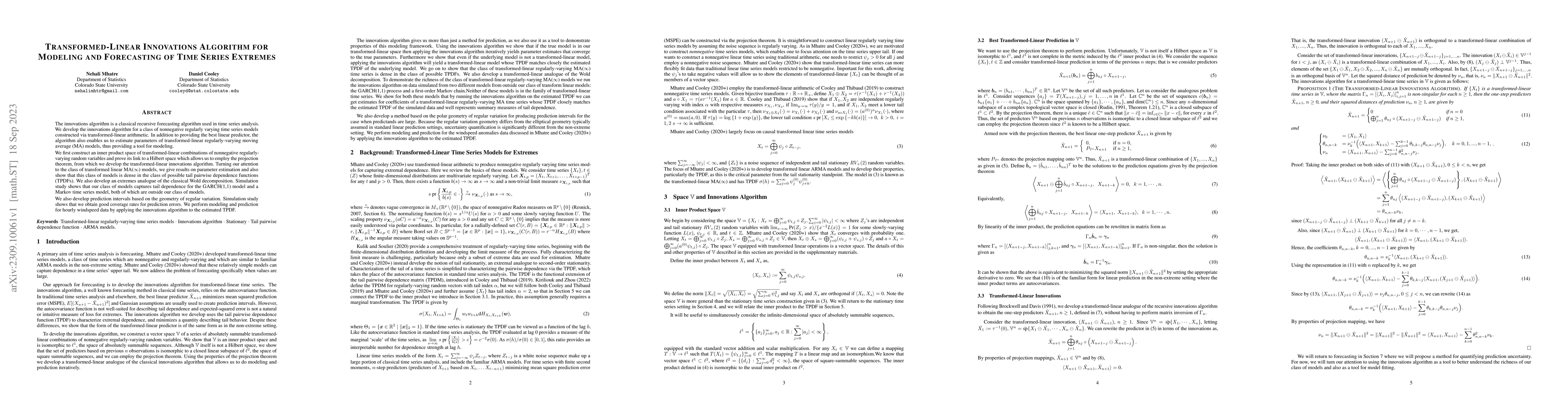 Thumbnail for Transformed-Linear Innovations Algorithm for Modeling and Forecasting of
  Time Series Extremes