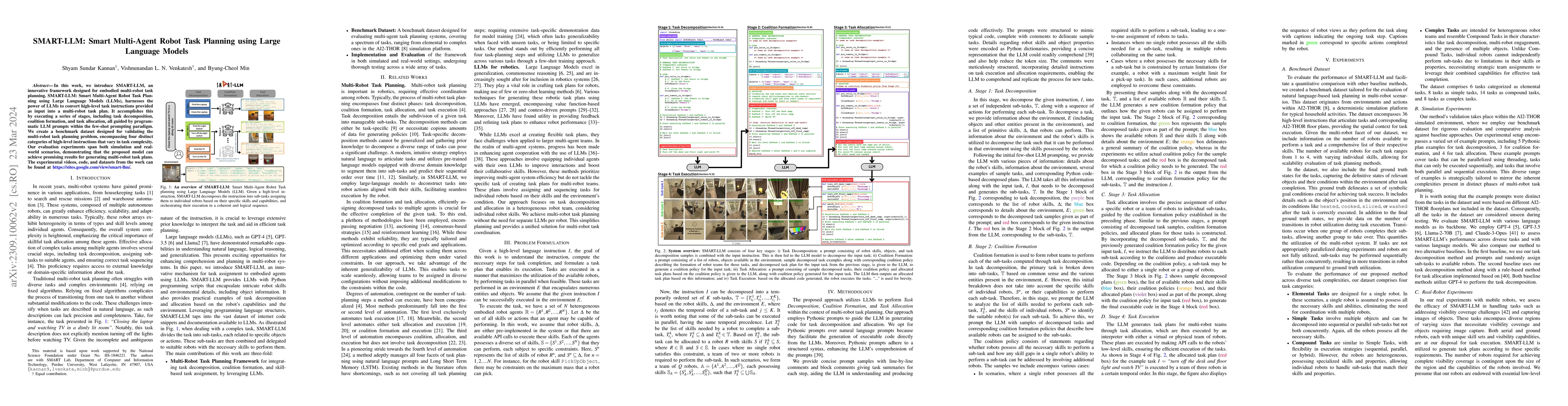 Thumbnail for SMART-LLM: Smart Multi-Agent Robot Task Planning using Large Language
  Models