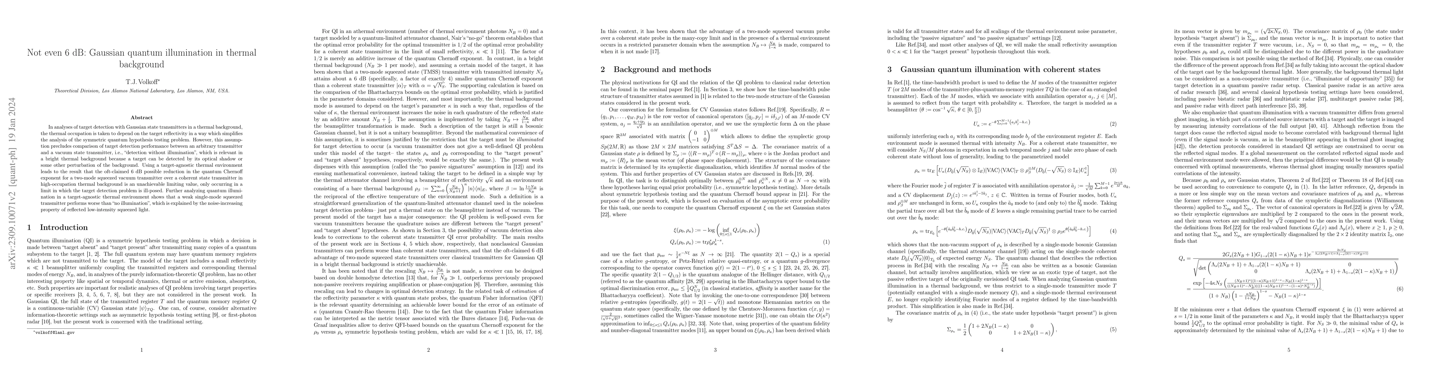 Thumbnail for Not even 6 dB: Gaussian quantum illumination in thermal background