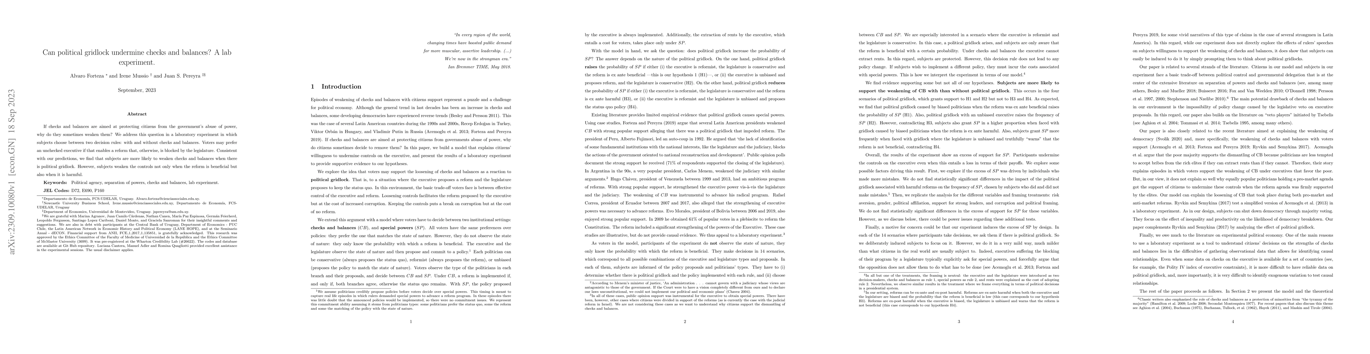Thumbnail for Can political gridlock undermine checks and balances? A lab experiment