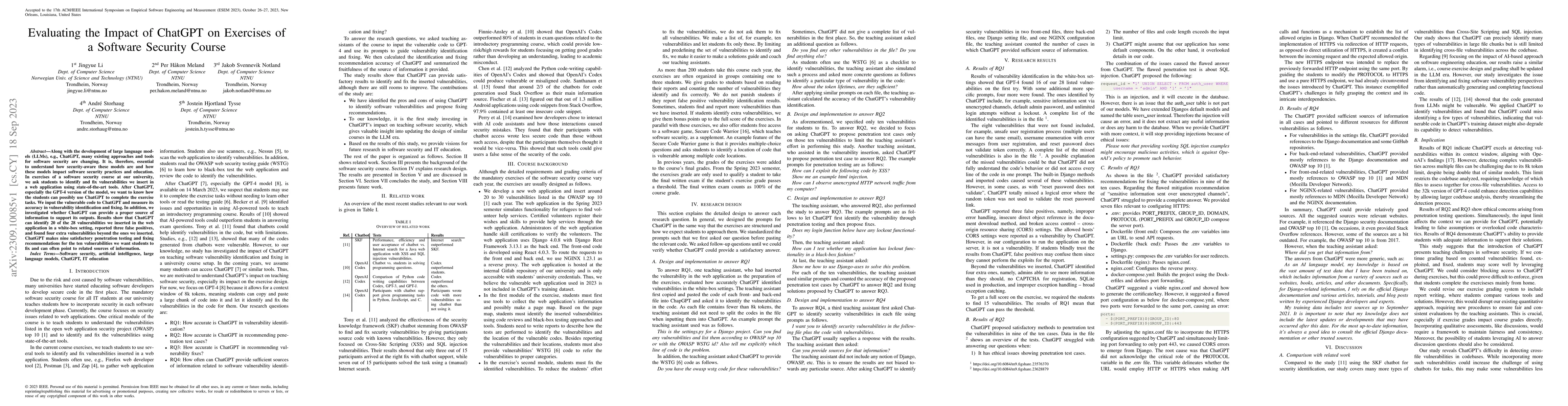 Thumbnail for Evaluating the Impact of ChatGPT on Exercises of a Software Security
  Course