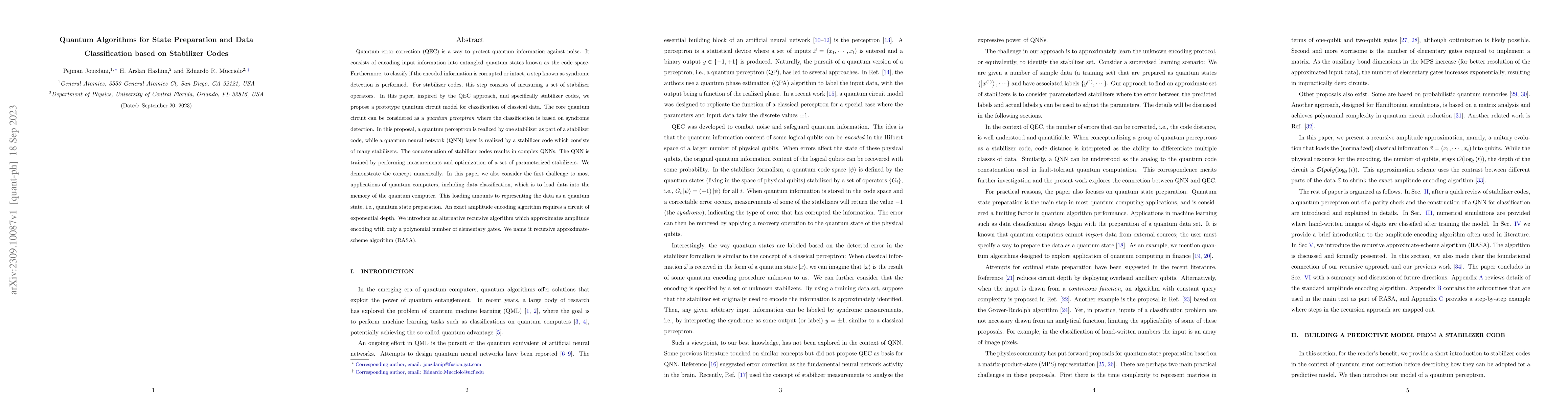 Thumbnail for Quantum Algorithms for State Preparation and Data Classification based
  on Stabilizer Codes