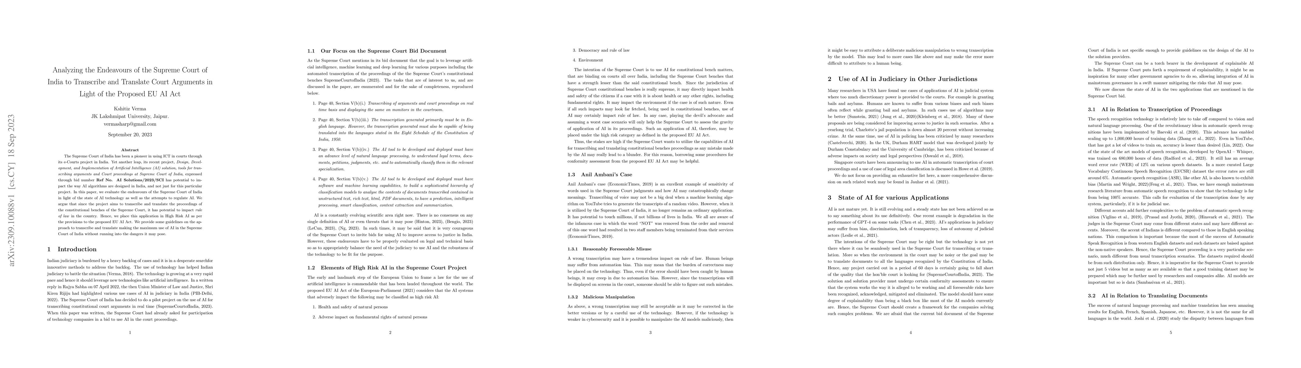 Thumbnail for Analyzing the Endeavours of the Supreme Court of India to Transcribe and
  Translate Court Arguments in Light of the Proposed EU AI Act