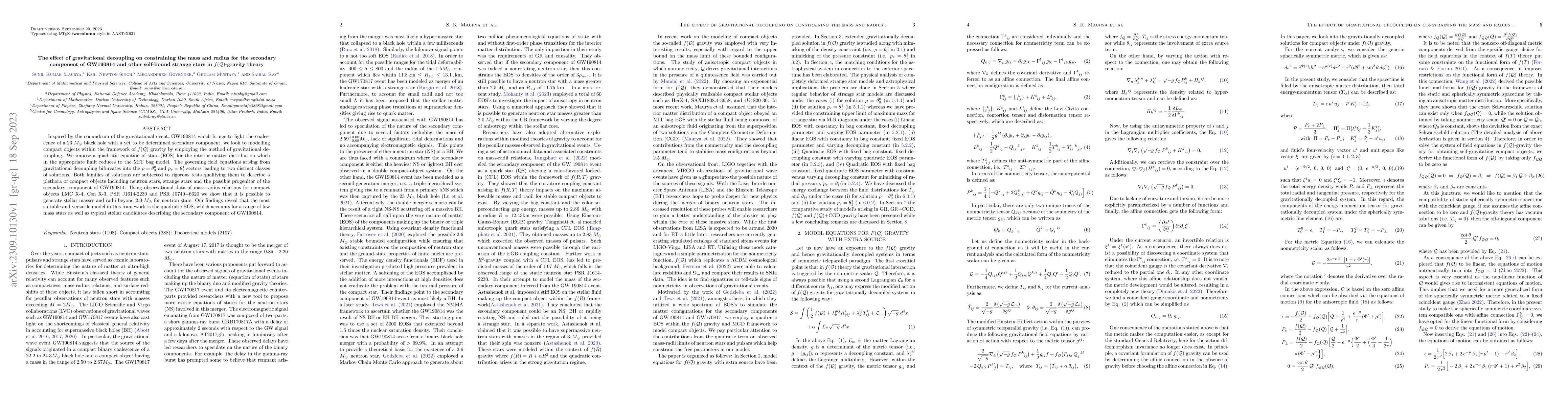 Thumbnail for The effect of gravitational decoupling on constraining the mass and
  radius for the secondary component of GW190814 and other self-bound strange
  stars in f(Q)-gravity theory