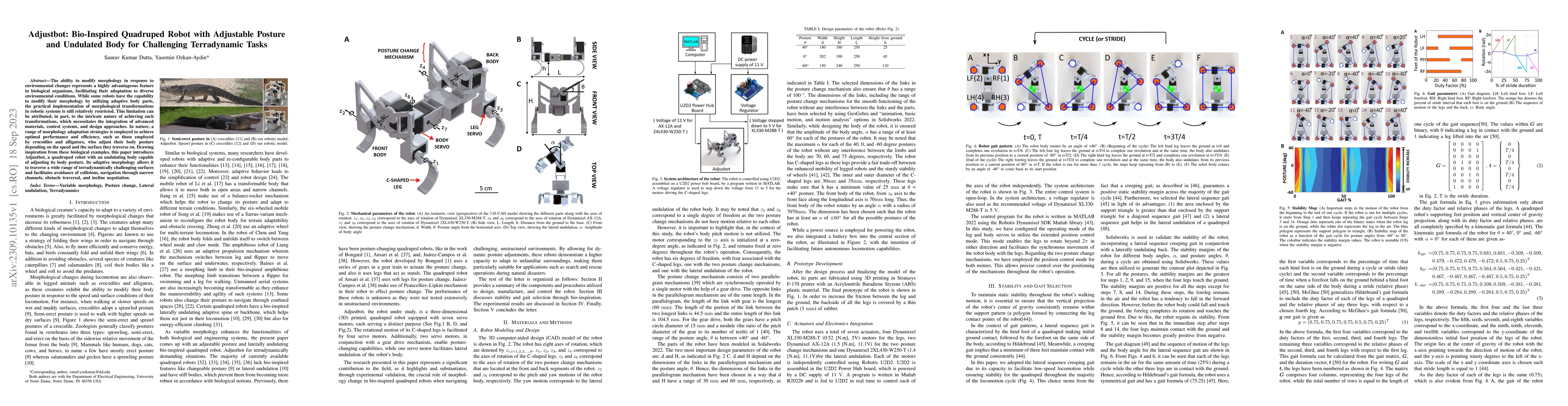 Thumbnail for Adjustbot: Bio-Inspired Quadruped Robot with Adjustable Posture and
  Undulated Body for Challenging Terradynamic Tasks