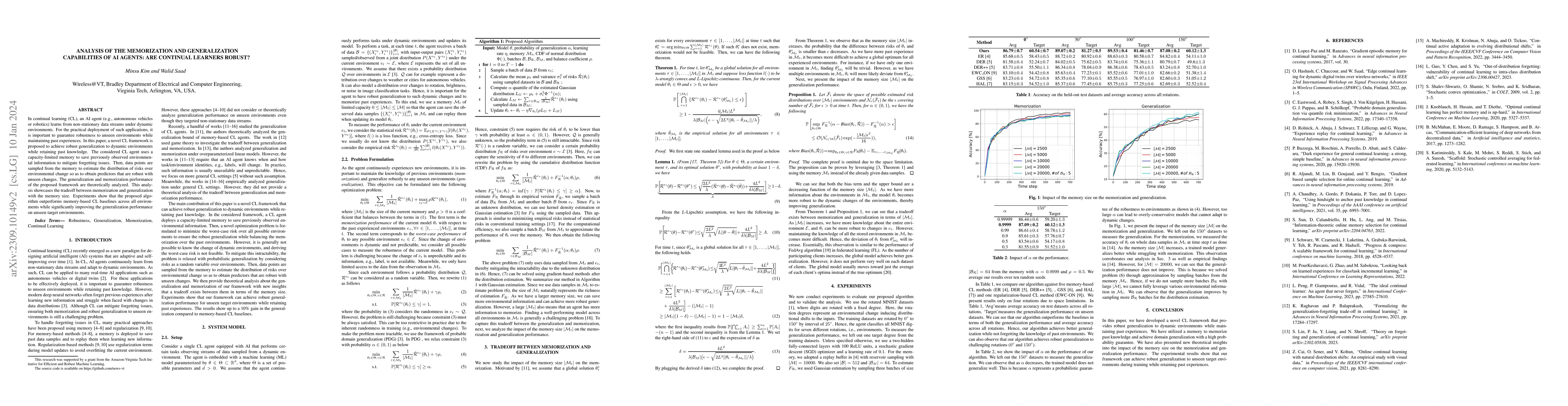 Thumbnail for Analysis of the Memorization and Generalization Capabilities of AI
  Agents: Are Continual Learners Robust?