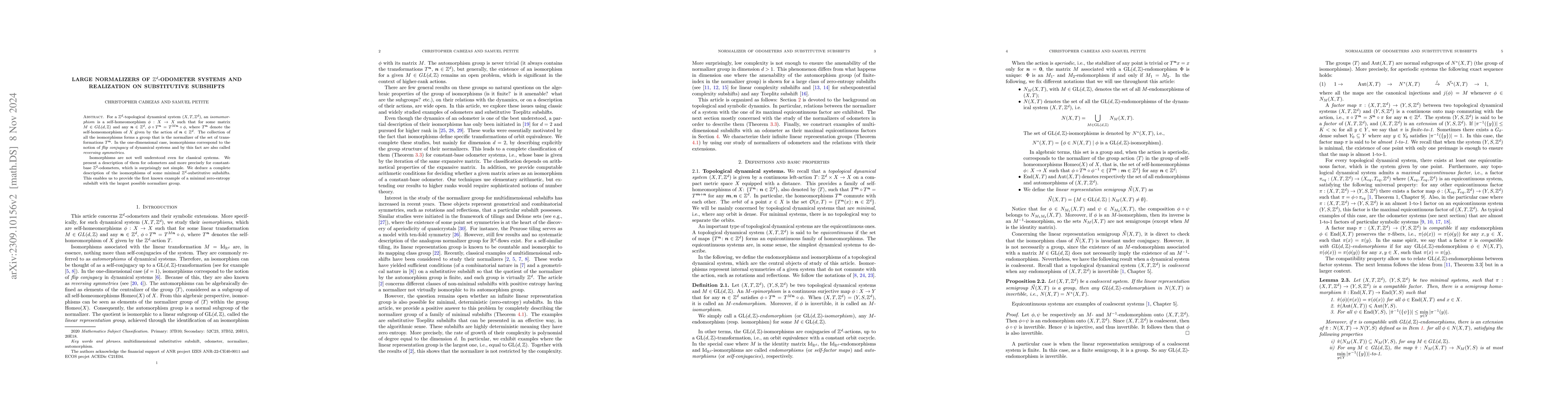 Thumbnail for Large normalizers of ${\mathbb Z}^{d}$-odometers systems and realization
  on substitutive subshifts