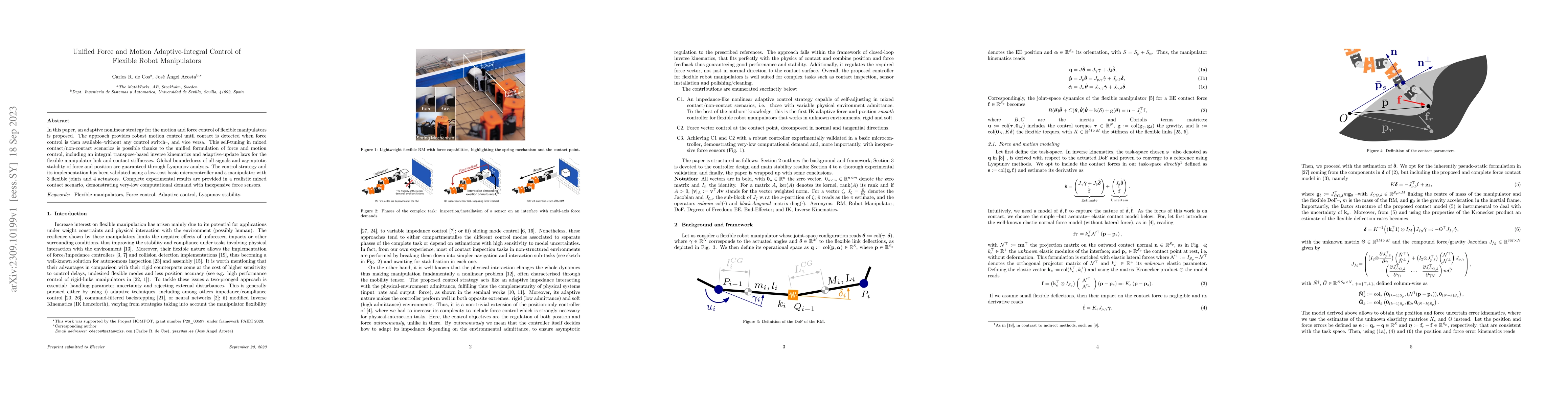 Thumbnail for Unified Force and Motion Adaptive-Integral Control of Flexible Robot
  Manipulators
