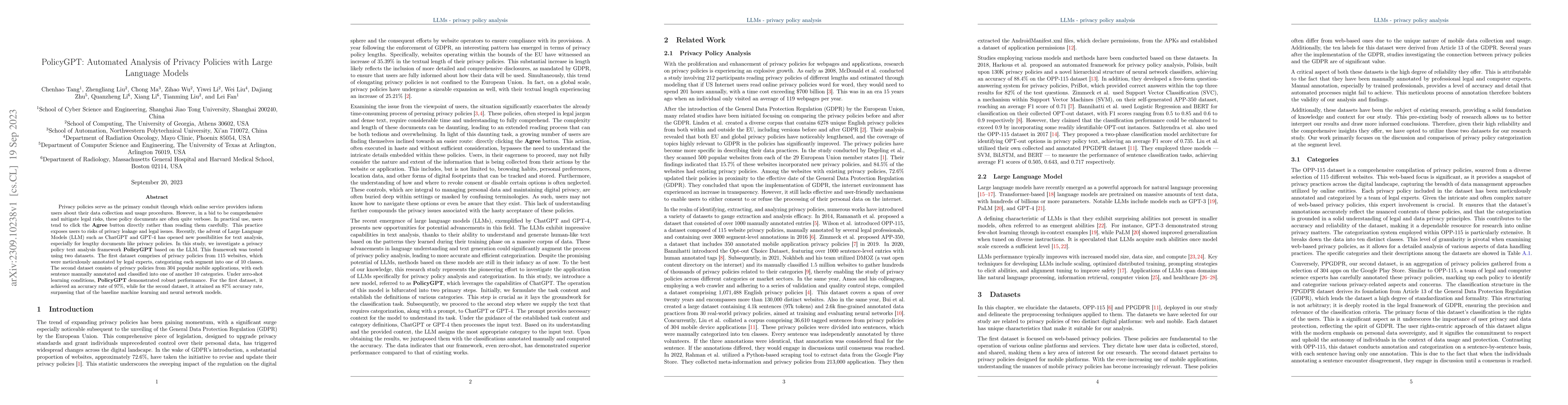 Thumbnail for PolicyGPT: Automated Analysis of Privacy Policies with Large Language
  Models