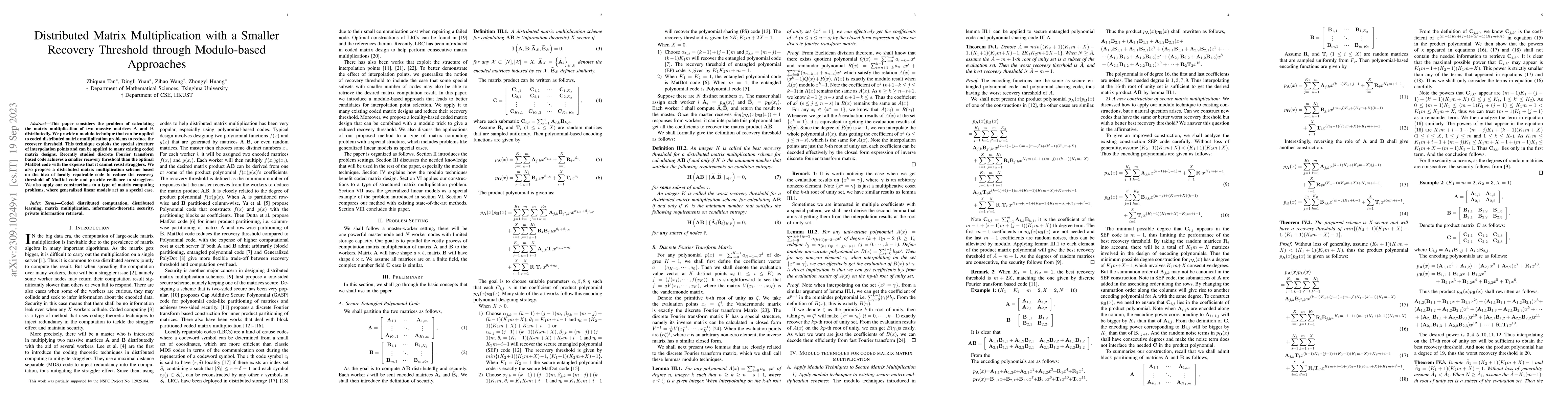Thumbnail for Distributed Matrix Multiplication with a Smaller Recovery Threshold
  through Modulo-based Approaches