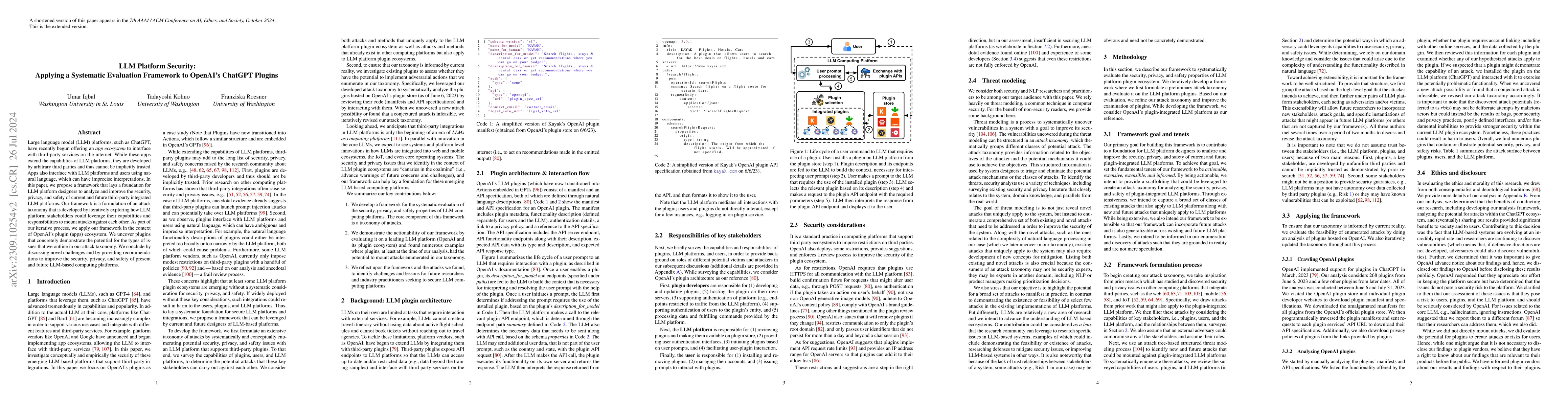 Thumbnail for LLM Platform Security: Applying a Systematic Evaluation Framework to
  OpenAI's ChatGPT Plugins