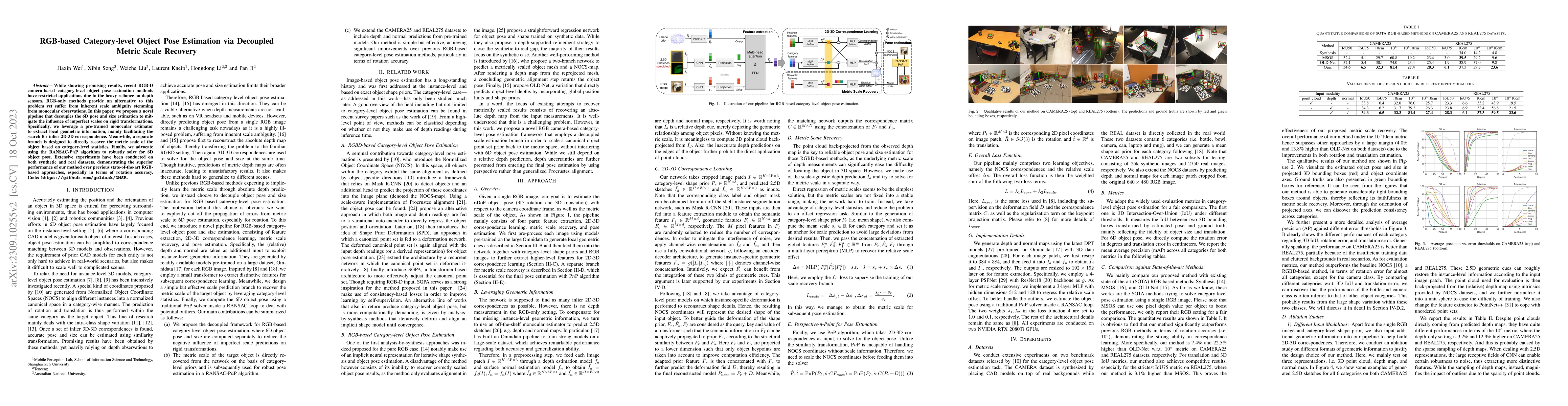 Thumbnail for RGB-based Category-level Object Pose Estimation via Decoupled Metric
  Scale Recovery