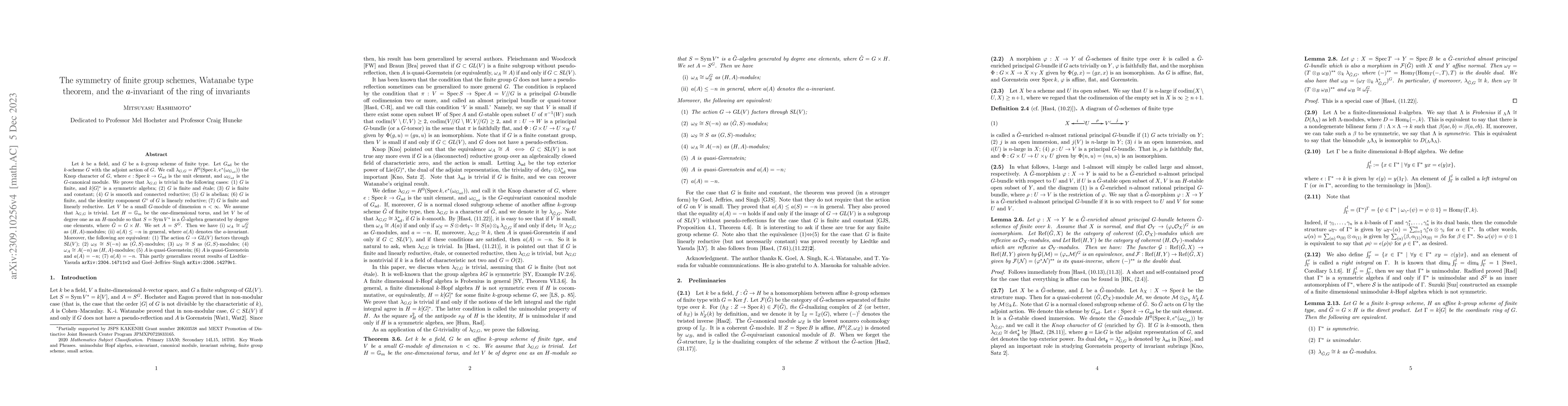 Thumbnail for The symmetry of finite group schemes, Watanabe type theorem, and the
  $a$-invariant of the ring of invariants