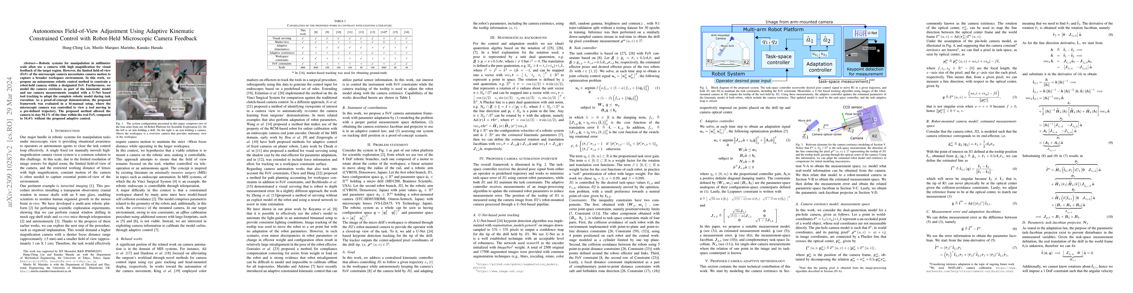 Thumbnail for Autonomous Field-of-View Adjustment Using Adaptive Kinematic Constrained
  Control with Robot-Held Microscopic Camera Feedback