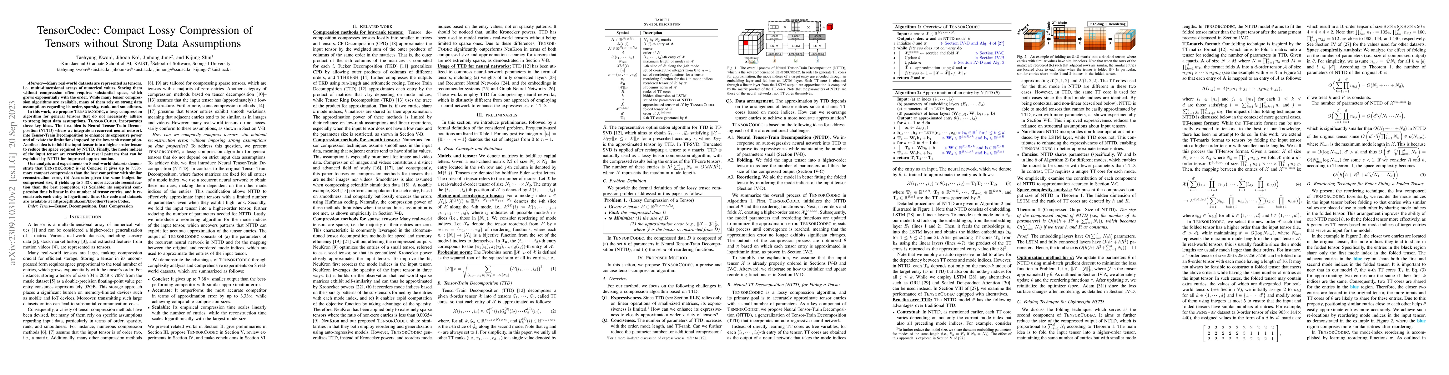 Thumbnail for TensorCodec: Compact Lossy Compression of Tensors without Strong Data
  Assumptions