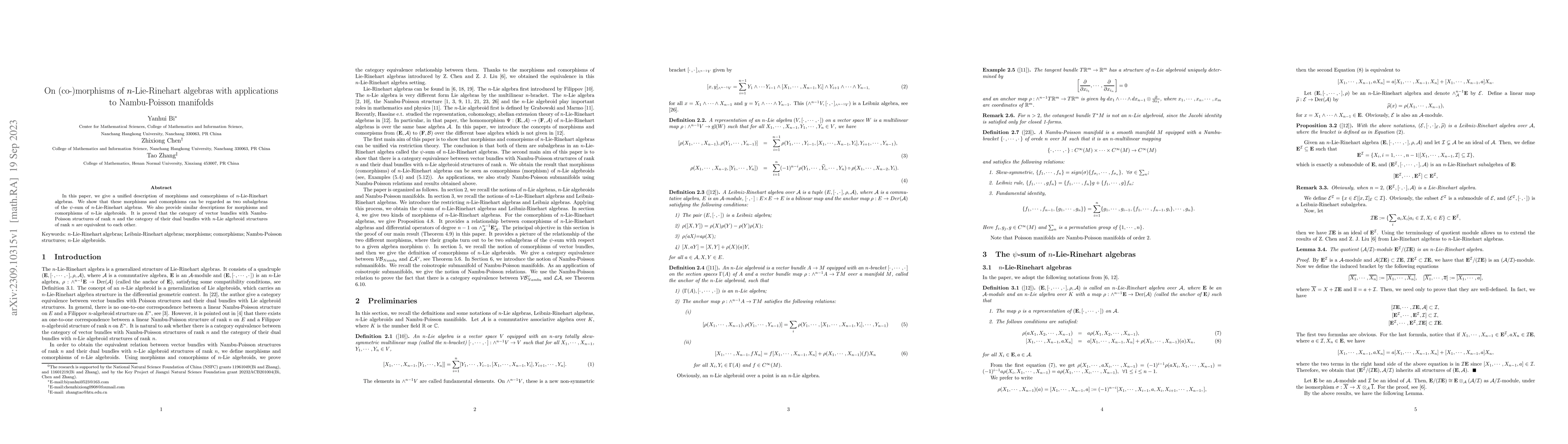 Thumbnail for On (co-)morphisms of $n$-Lie-Rinehart algebras with applications to
  Nambu-Poisson manifolds