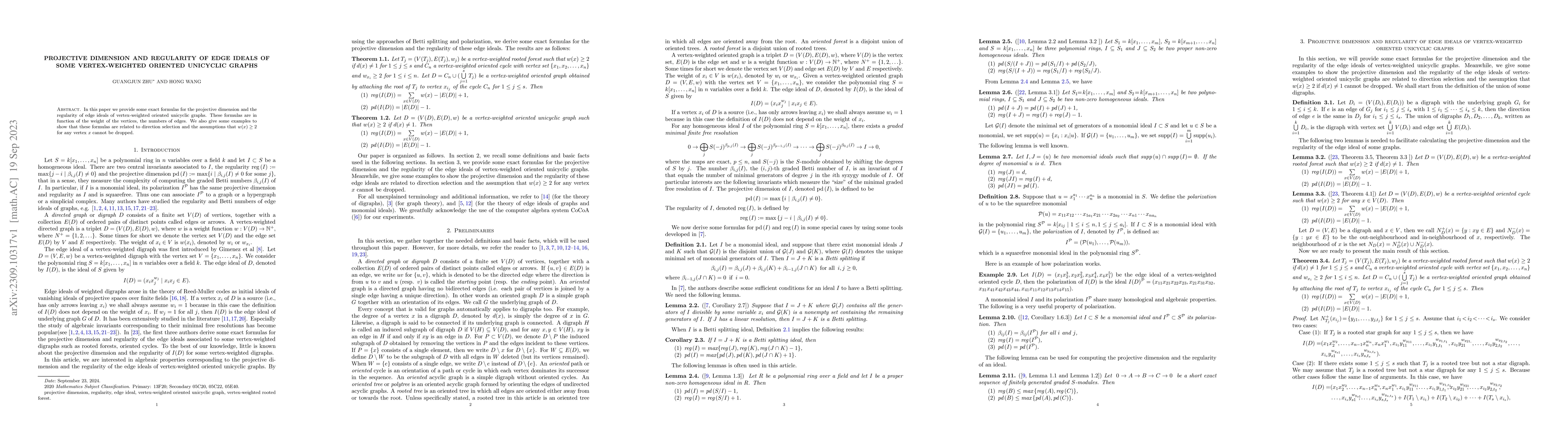 Thumbnail for Projective dimension and regularity of edge ideals of some
  vertex-weighted oriented unicyclic graphs