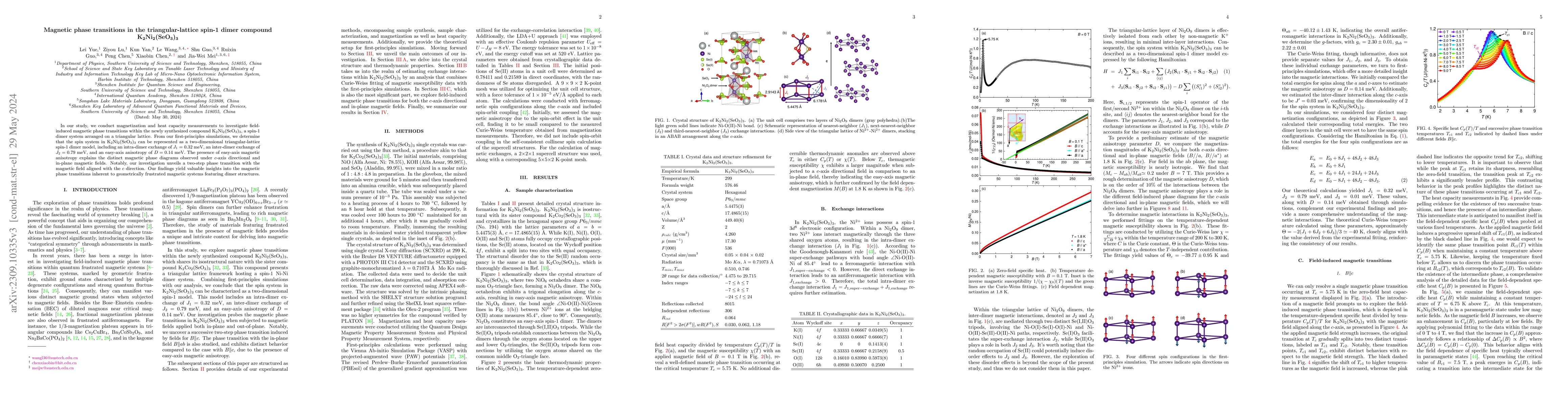 Thumbnail for Magnetic phase transitions in the triangular-lattice spin-1 dimer
  compound K2Ni2(SeO3)3